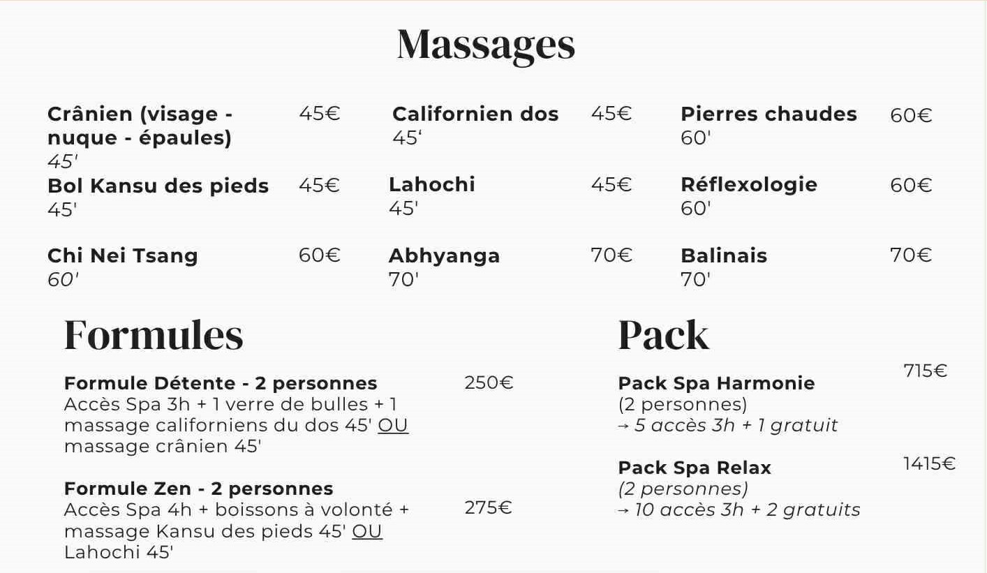 Tarifs massages