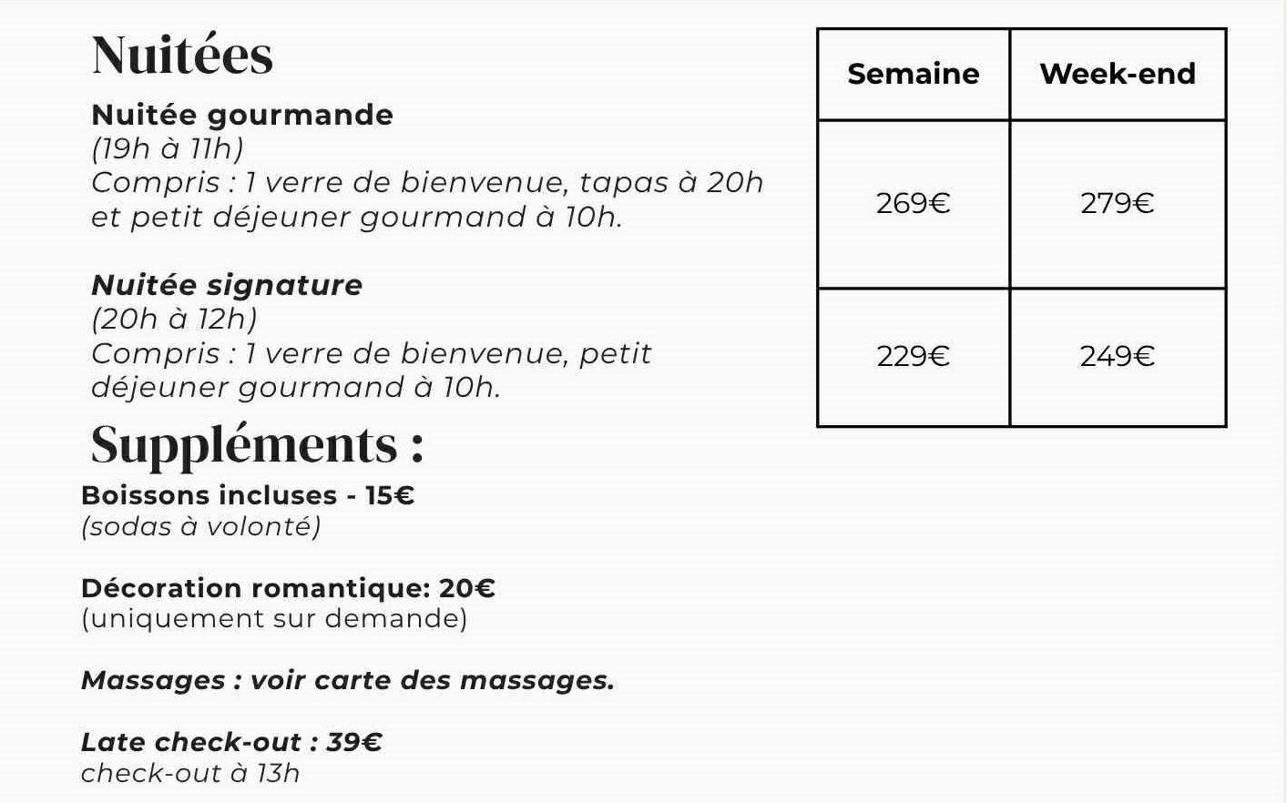 Tarifs nuitées