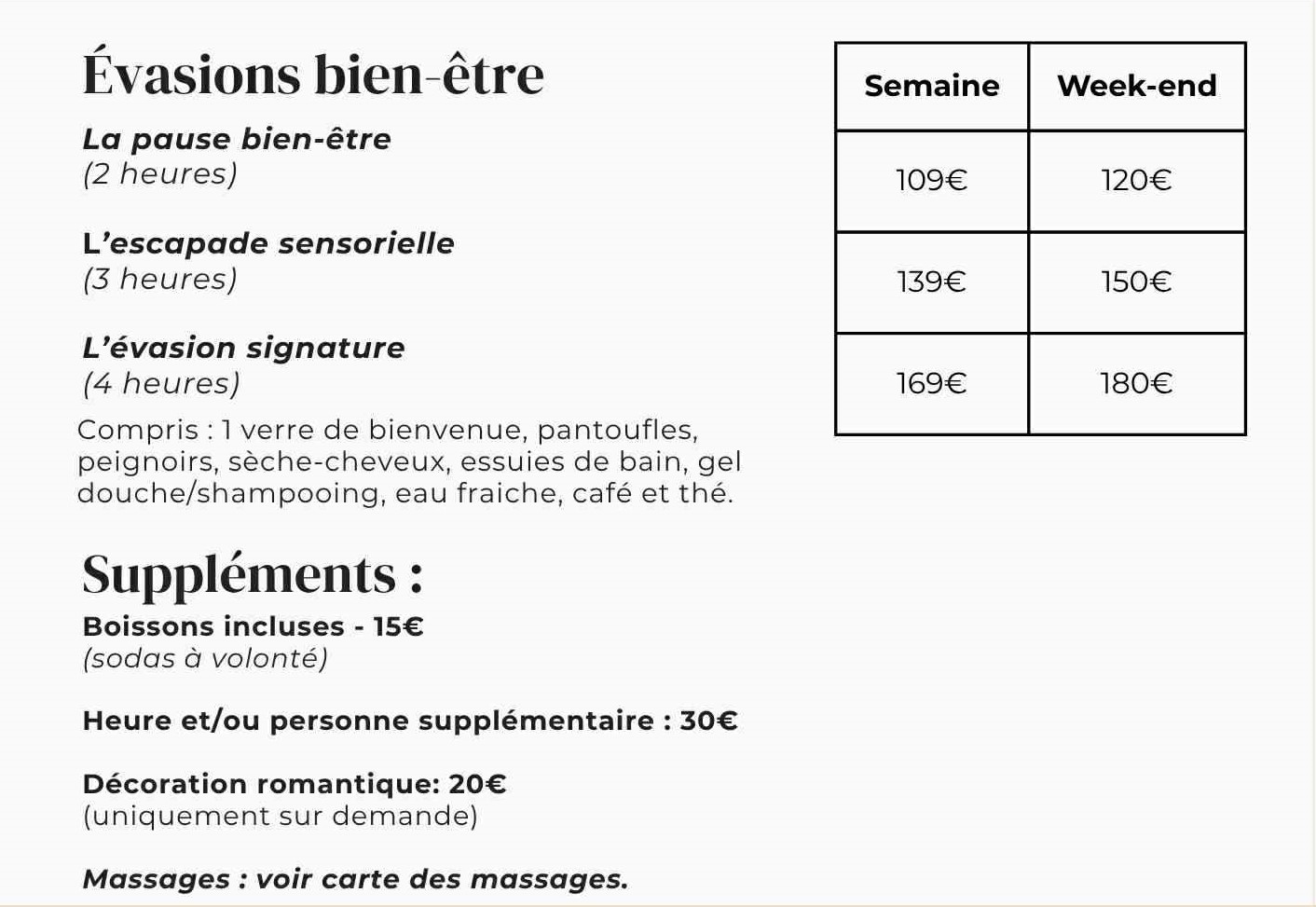 Tarifs Évasion bien-être